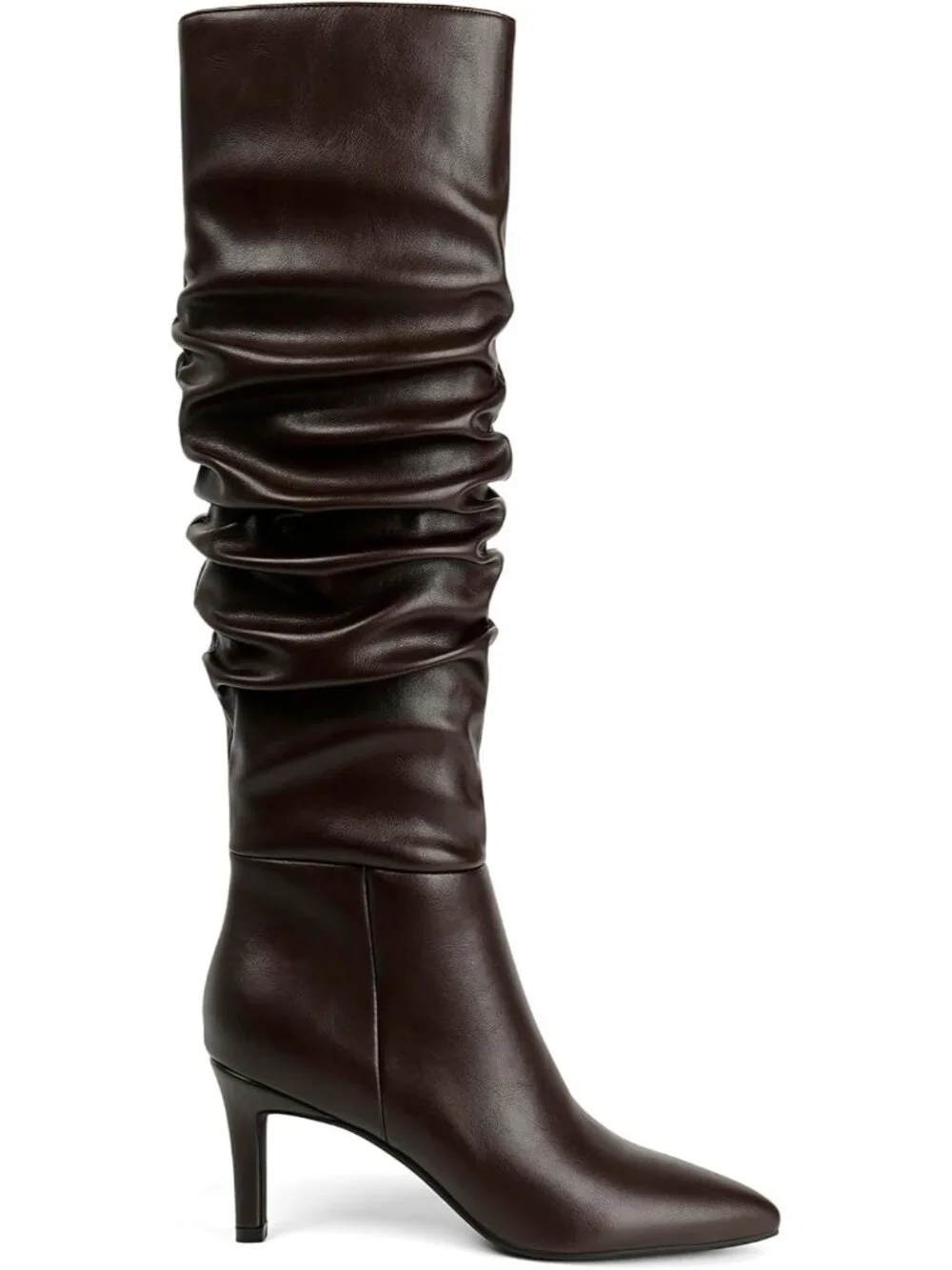 Women Slouchy Chocolate Pointed Toe Faux Leather StilettoHeel Over The Knee Boot